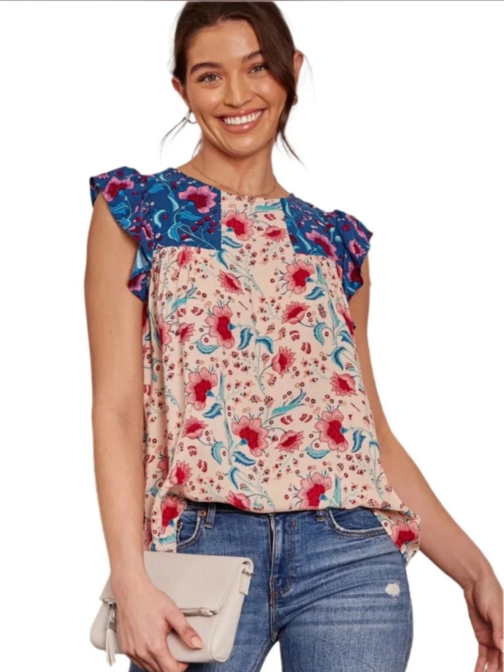 Andre by Unit  Floral Patchwork Ruffle Sleeve Top Pink & Blue 3X ❤️ BRB SL 4